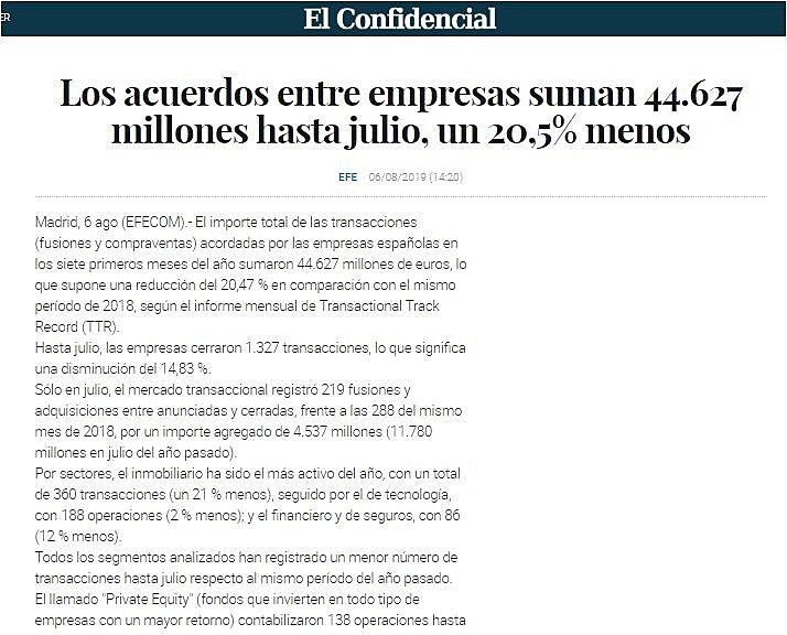 Los acuerdos entre empresas suman 44.627 millones hasta julio, un 20,5% menos